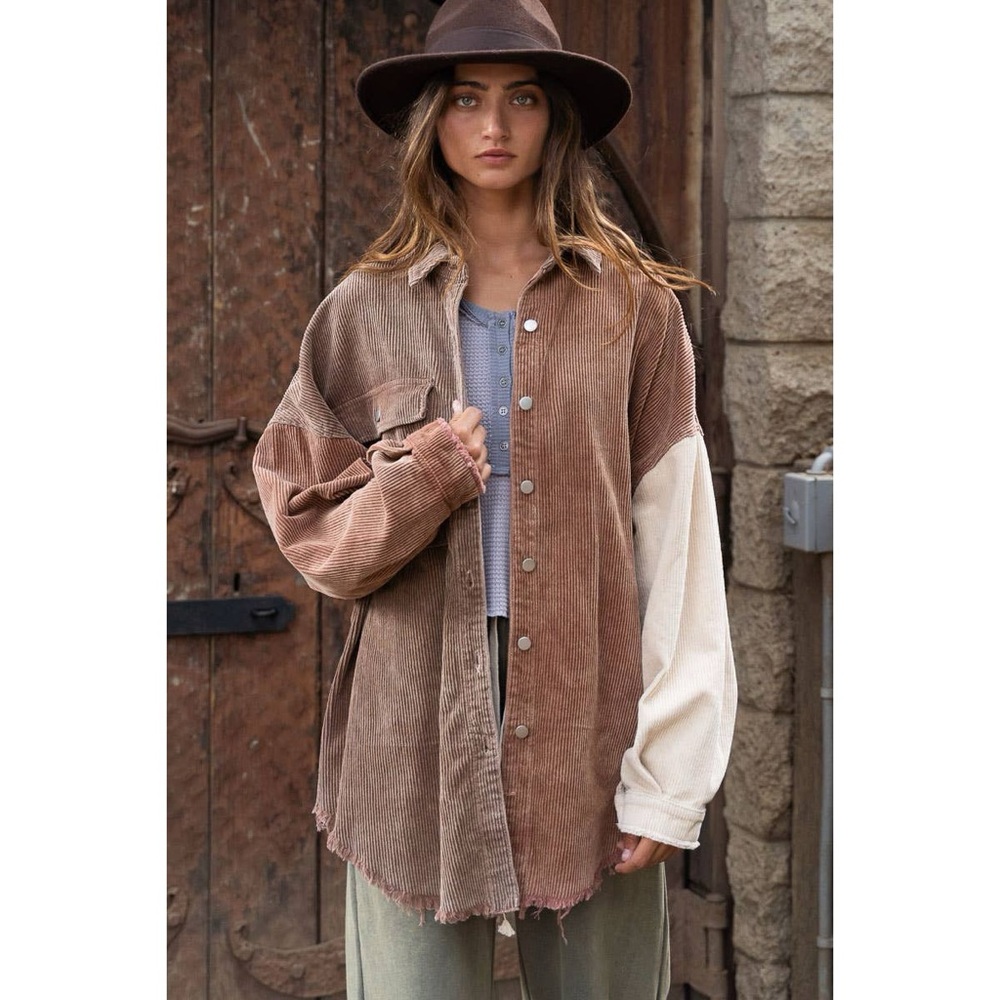 POL Patchwork Corduroy Jacket in Brown and Cream